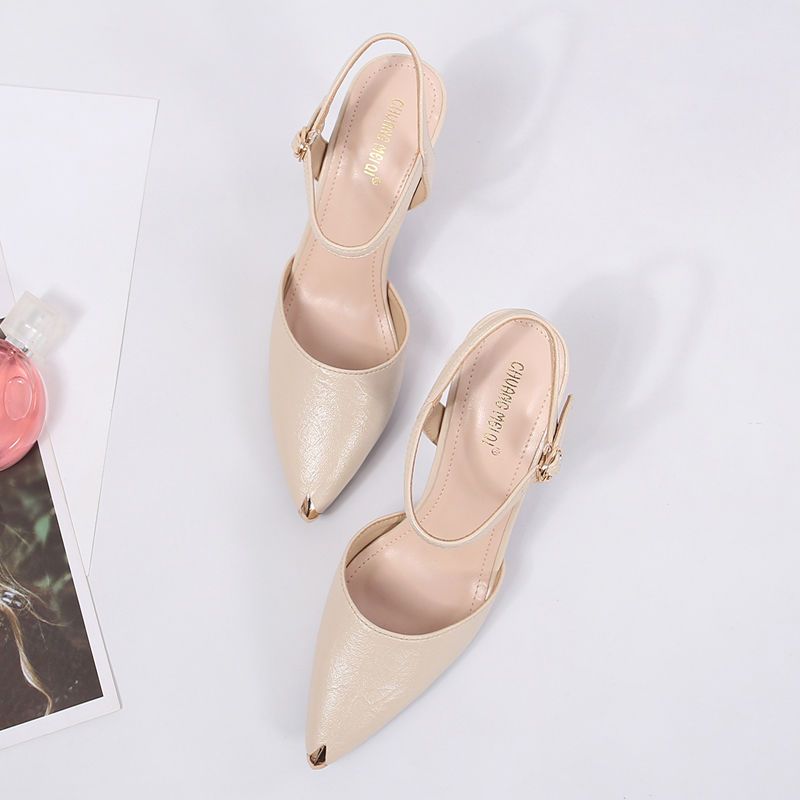 蜘蛛王真皮中跟凉鞋女夏季百搭一字扣尖头细跟包头仙女高跟鞋 黑色 (3