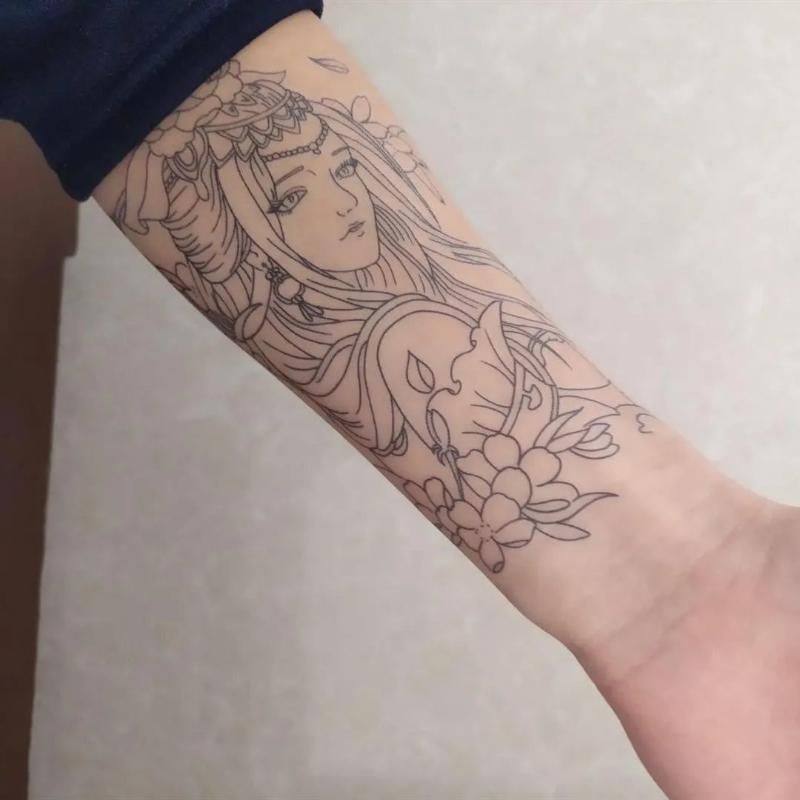 一张 割线虞姬线条刺青色艺妓花臂纹身贴貂蝉滴泪艺伎防水持久逼真