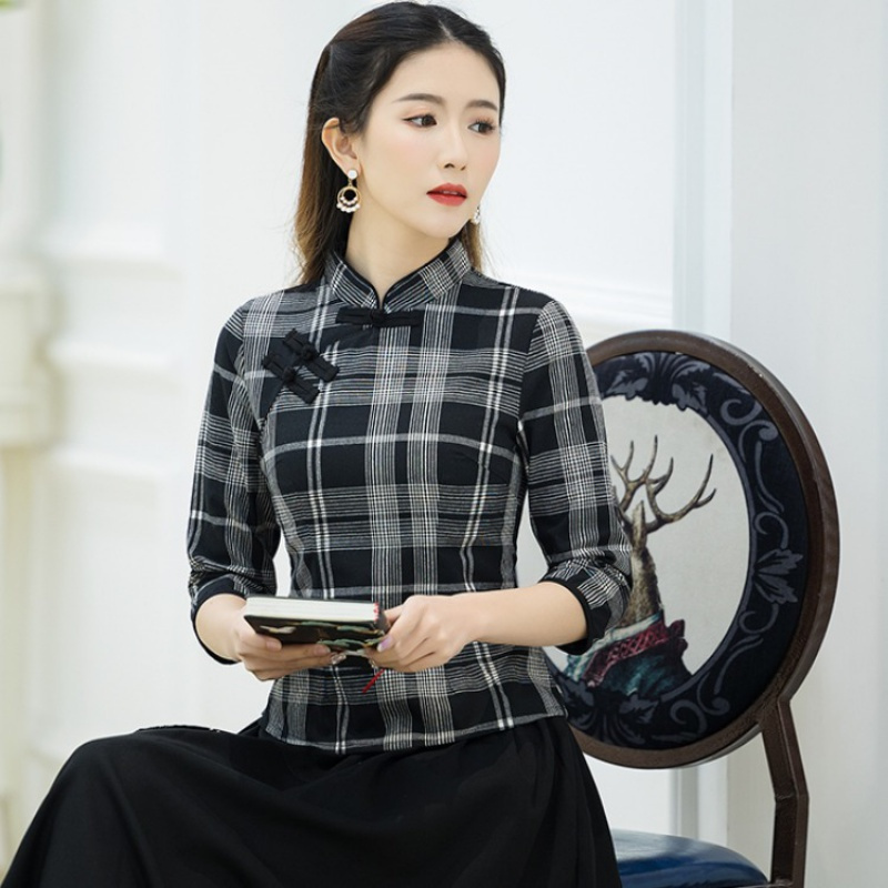 季新款民族风女装格子旗袍上衣中式唐装女修身时尚民国风套装