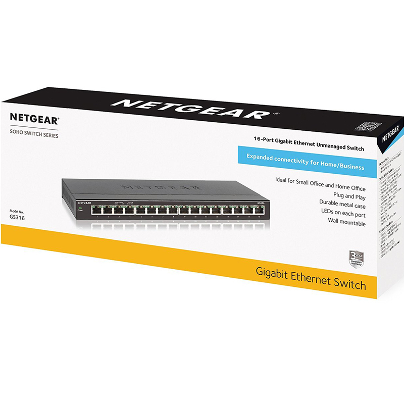 美国网件(NETGEAR)GS316 16口全千兆非网管交换机 中小型企业商用以太网交换机