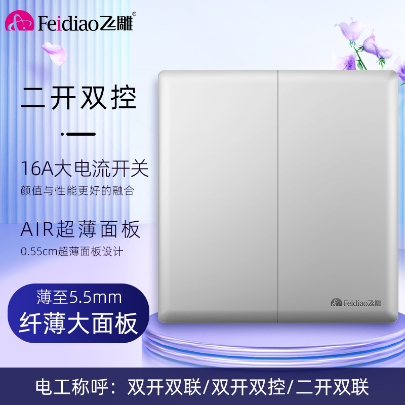 飞雕(FEIDIAO)开关插座86型家用商用 超大面板钢支架格韵系列电源墙壁开关面板 格韵月光银二位双控开关