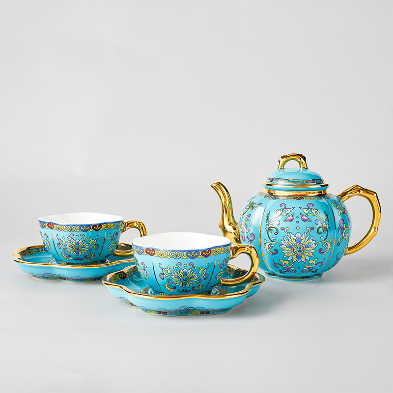 Gao Chun Ceramics 高淳陶瓷小金枝描金珐琅彩描金骨瓷茶具套装茶杯茶壶高端家用功夫中式高清大图