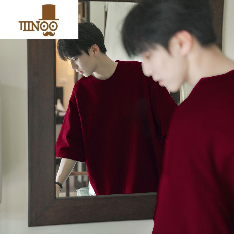 YANXU美式正肩320gt恤男生盐系穿搭ootd短袖三本针夏季七分袖 酒红色高克重简约t恤 L