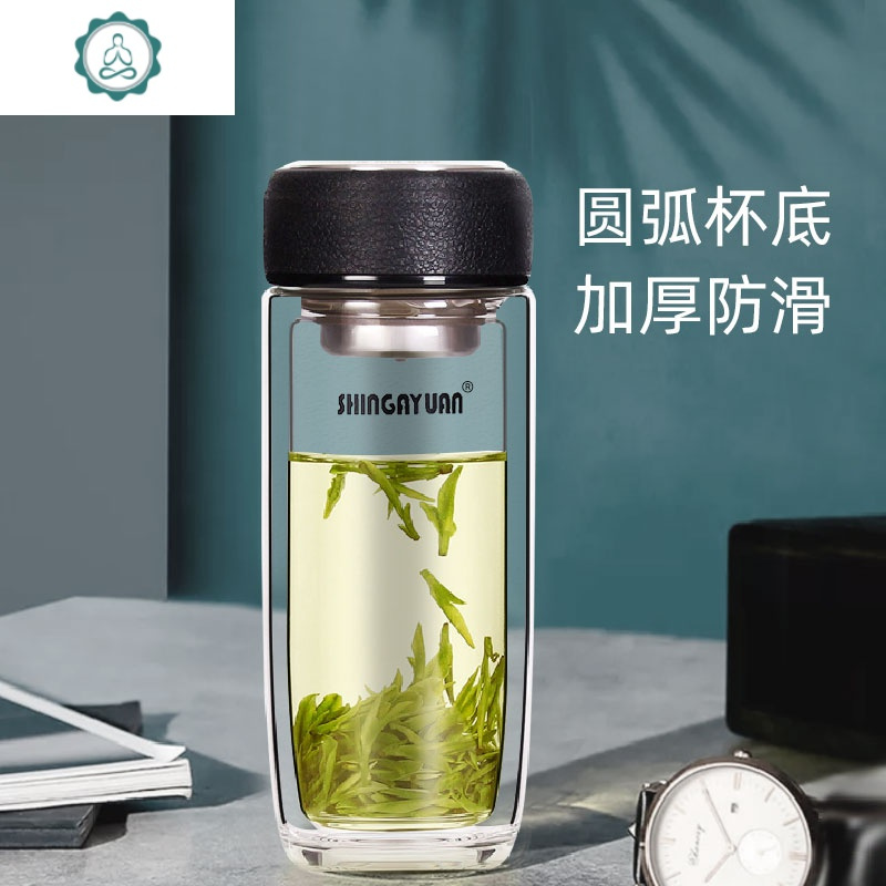 双层男便携车载高档透明耐热水杯办公室泡茶杯子玻璃杯