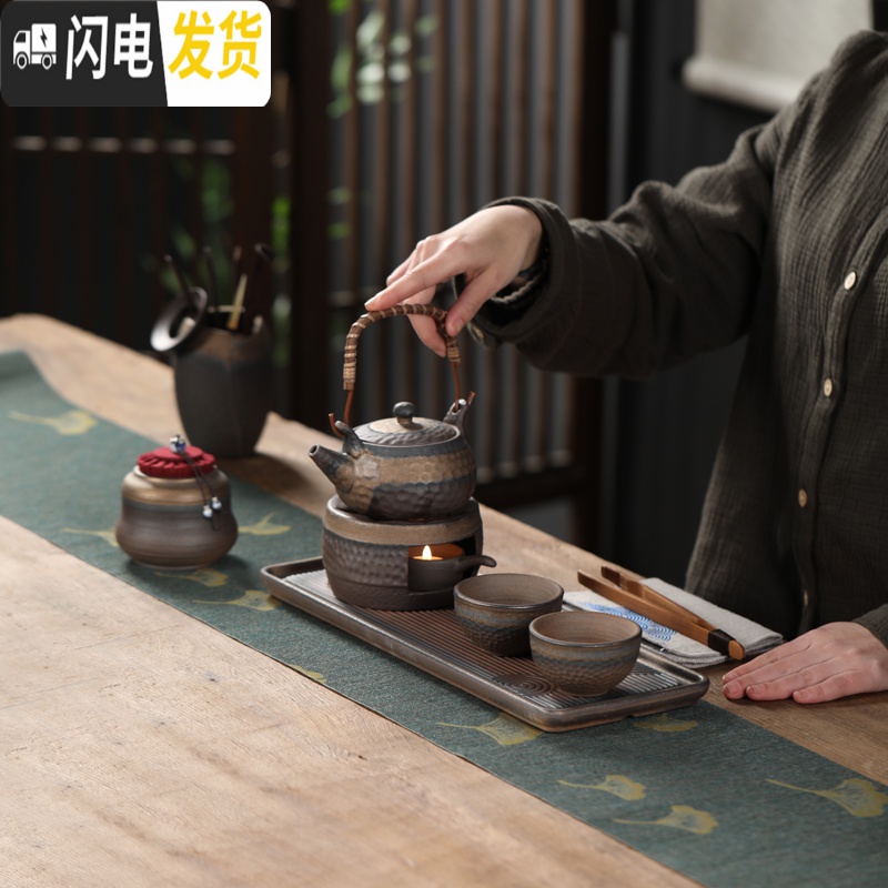 三维工匠日式简约家用功夫茶具粗陶茶壶酒精炉加热办公室干泡盘套装 侧把壶套组5头(温茶炉)高清大图