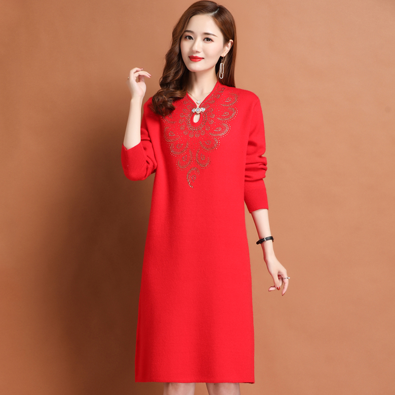 加厚新中式国风改良旗袍包臀长裙子女春秋大码收腰针织打底羊绒连衣裙红色旗袍裙气质长款复古高级感敬酒服连衣裙高清大图