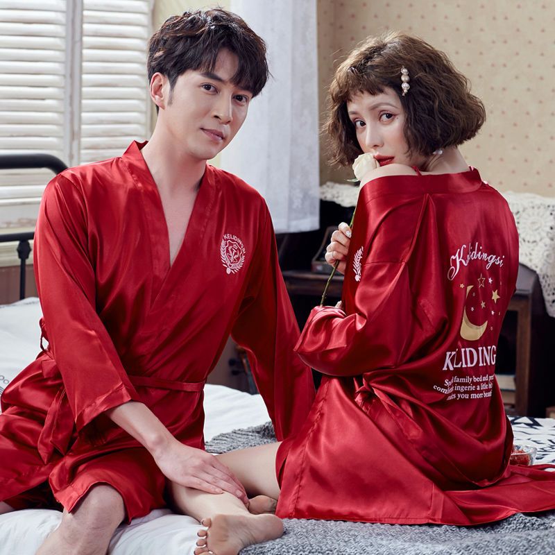 两件套睡袍结婚红色新婚睡裙浴袍性感服情侣睡衣春秋夏女士冰丝绸