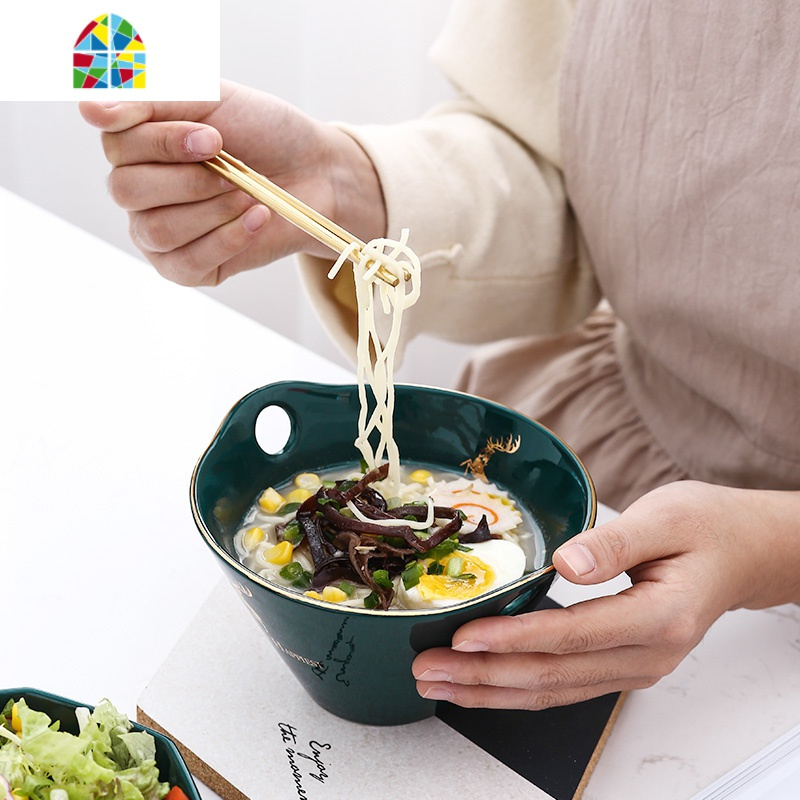 北欧拌饭碗斗笠碗陶瓷饭碗ins创意蔬菜沙拉碗可爱水果酸奶碗面碗 FENGHOU 祖母绿菊花碗小号