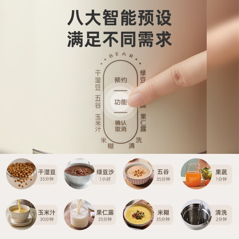 小熊(Bear)1.2L智能预约304不锈钢家用多功能全自动免清洗豆浆机DJJ-C08G1高清大图