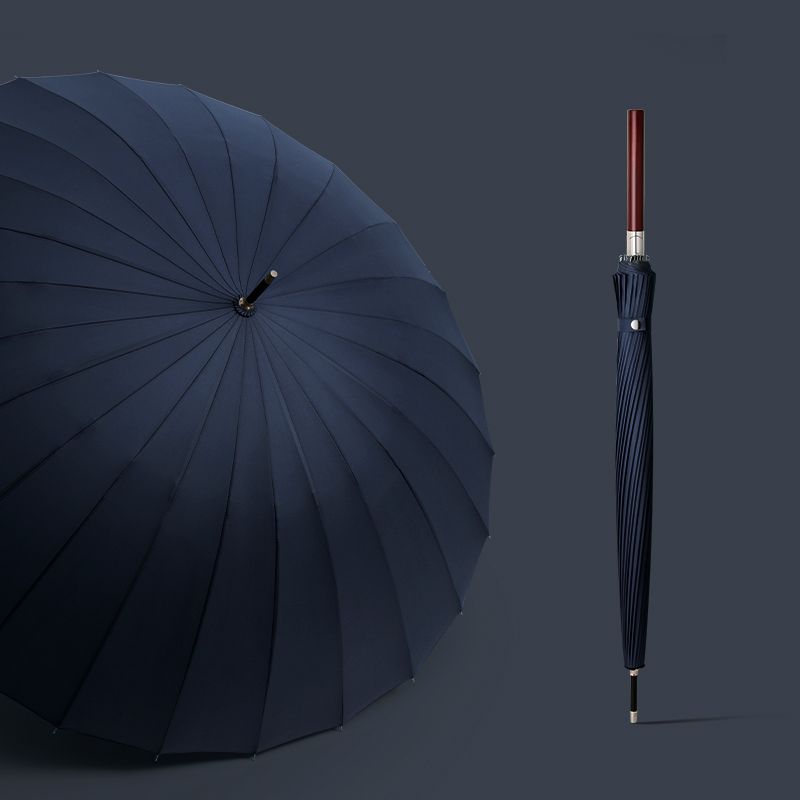 超大号自动雨伞晴雨两用双层加固结实耐用学生抗风防暴雨长柄雨伞 【藏青色】24骨全纤维莲花骨-藤木柄