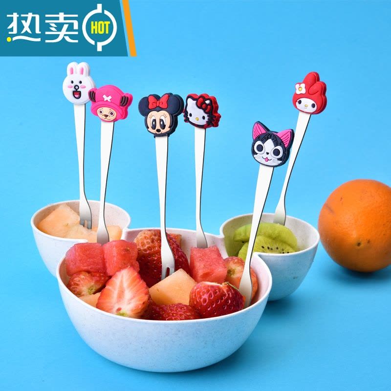 敬平宝宝水果叉子小不锈钢安全创意可爱卡通家用儿童水果叉水果签果插 D款卡通水果叉6个+4个水果盘(送收纳盒)图片