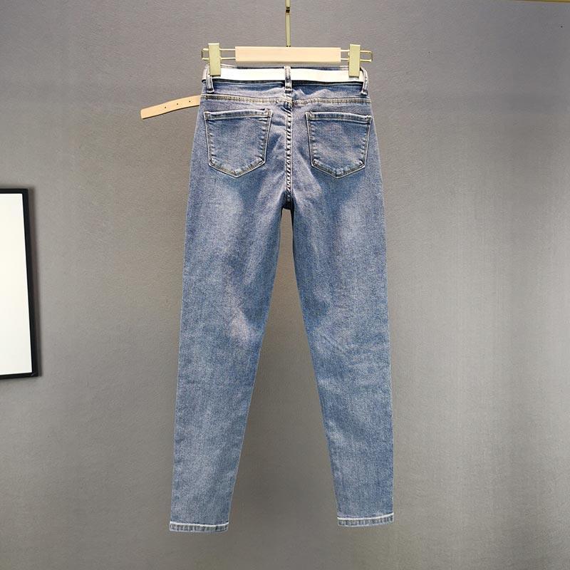欧洲站重工烫钻紧身牛仔裤女2021夏装新款棉弹高腰显瘦九分小脚裤 浅蓝色 浅蓝色138#### S 80-93斤