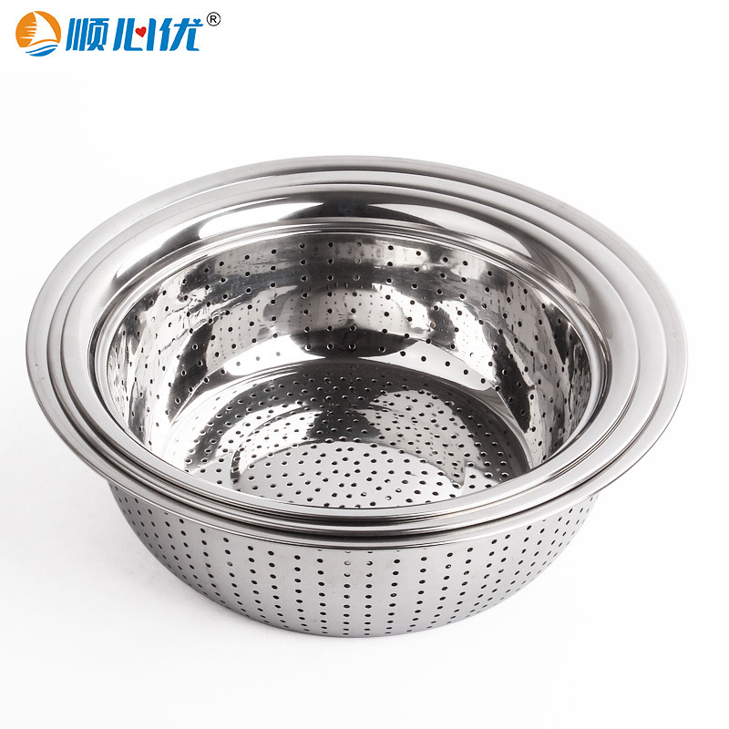 顺心优 加厚不锈钢多用漏盆 洗菜盆 反边洗米筛 20cm/个高清大图