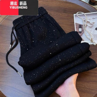 YIBUSHENG大码300斤满天星烫钻高腰阔腿裤女胖mm季宽松高腰小众休闲裤胖 4XL建议190-220斤 黑色
