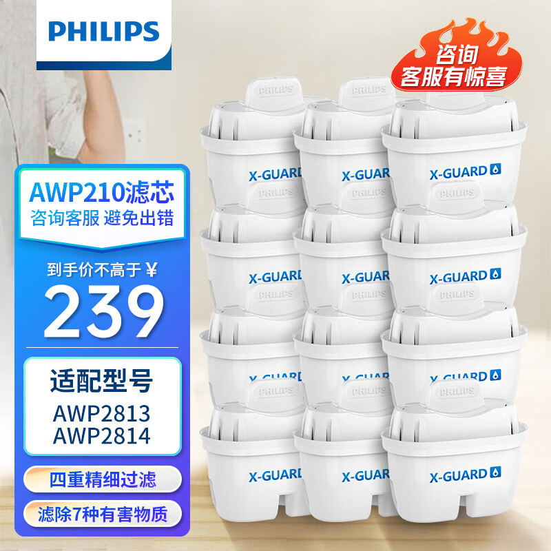 飞利浦净水壶家用滤水壶原装滤芯AWP210适用AWP2814适用净水壶 12支装碧然德飞利浦通用