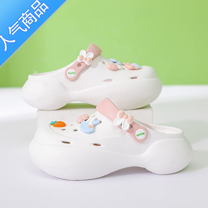 SUNTEK可爱卡通增高厚底洞洞鞋女款外穿透气松糕底包头半两穿网红凉拖鞋高清大图