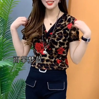 2新款交叉V领女装印花洋气显瘦透气网纱小衫短袖t恤女半袖上衣 021半袖红色玫瑰 L 90-105斤