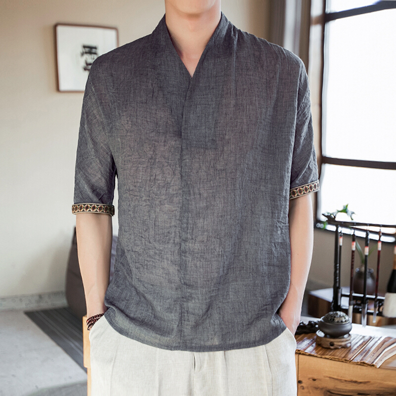 夏季棉麻亚麻5分短袖t恤男装中国风轻薄半袖体恤胖子宽松大码衣服藏青