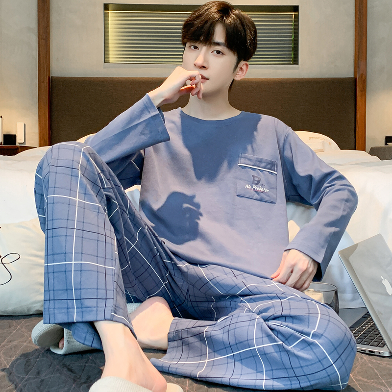 100%纯棉睡衣男士春秋款长袖休闲秋冬青少年大码可外穿家居服套春高清大图
