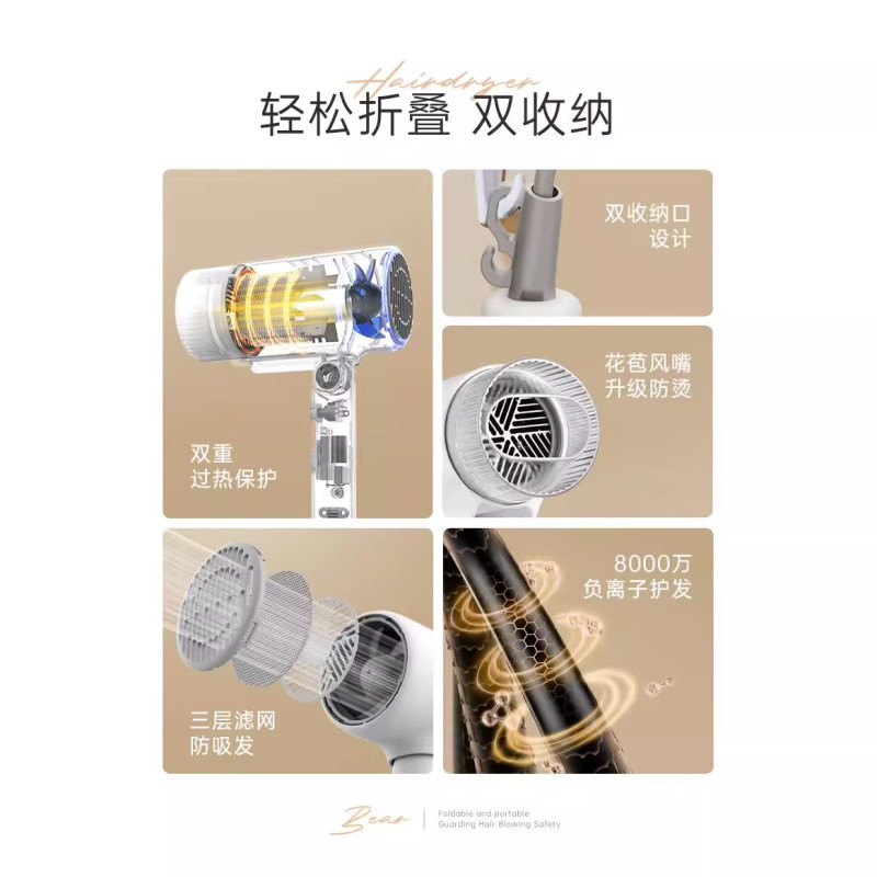 小熊(Bear)吹风机 可折叠 静音负离子不伤发电吹风小型便携宿舍吹头发吹风筒护发 米白色 DCF-S16Y1高清大图