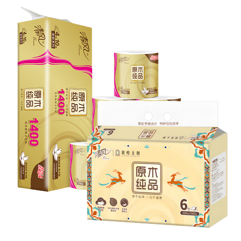清风敦煌IP联名款抽纸 3层 100抽一提6包 清风原木金装4层140克/卷*10卷筒卫生纸