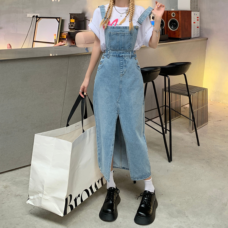 开叉韩版高腰牛仔背带裤女夏学生系腰带宽松显瘦阔腿长裤