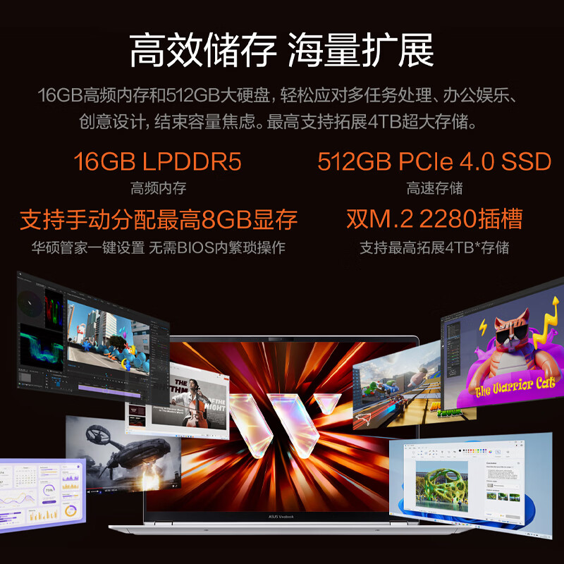 华硕无畏Pro14 锐龙版 2026 AI轻薄本笔记本电脑(R9 H270 80W高能释放 16G 512G 1100尼特OLED)银色高清大图