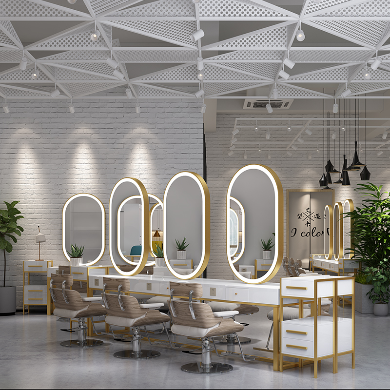 网红理发店镜台美发廊抖音闪电客单双面挂壁镜子影楼化妆专用镜带灯