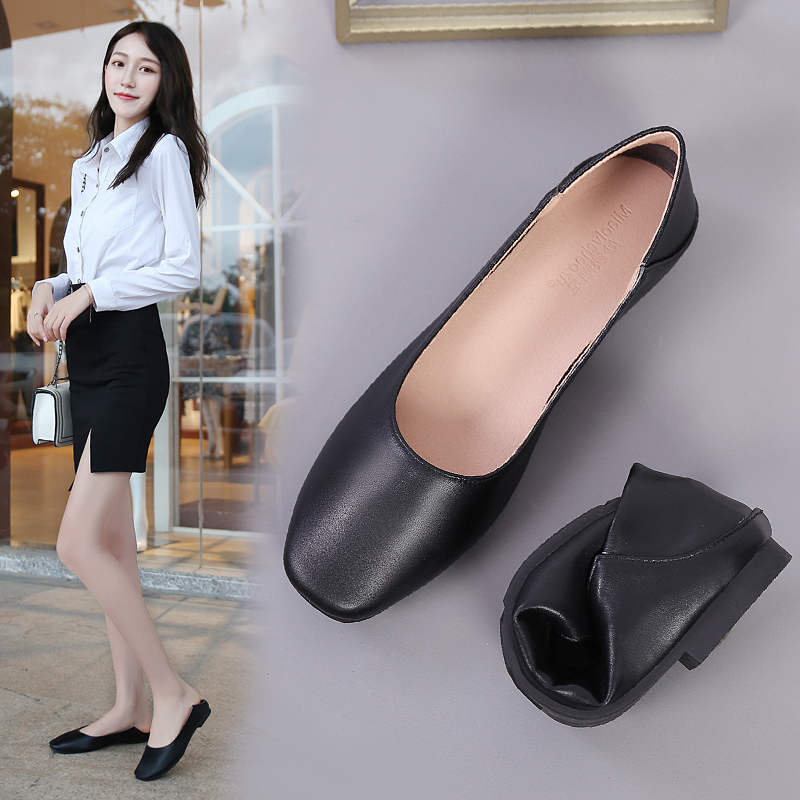 黑色平底两穿777134软底工作鞋黑色上班蛋卷女鞋空姐职业工装皮鞋方头