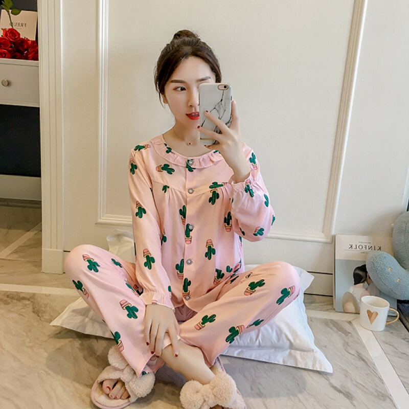 春秋绵绸睡衣女夏季薄款棉绸长袖人造棉月子服家居服套装空服