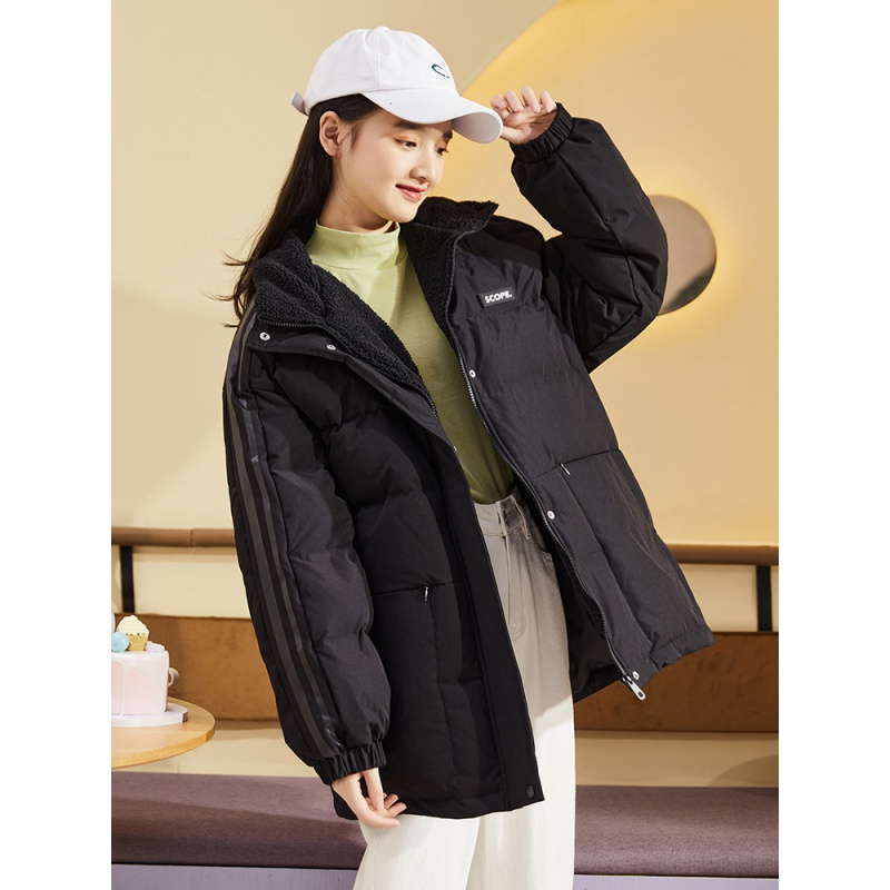 [直降价332元]唐狮冬季新款黑色羽绒服女韩版短款立领拼接仿羔毛外套时尚潮