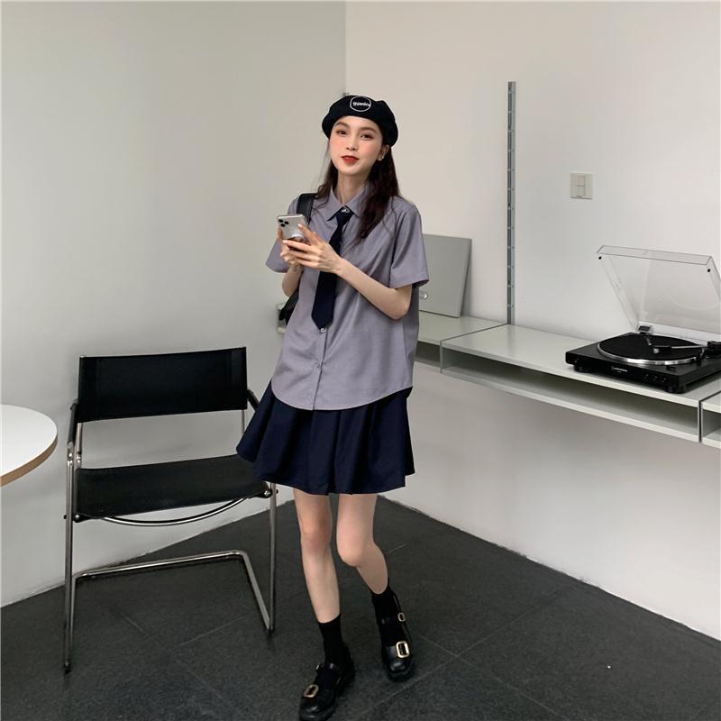 jk制服套装学院风中长款吊带连衣裙女学生韩版宽松短袖衬衫上衣灰色