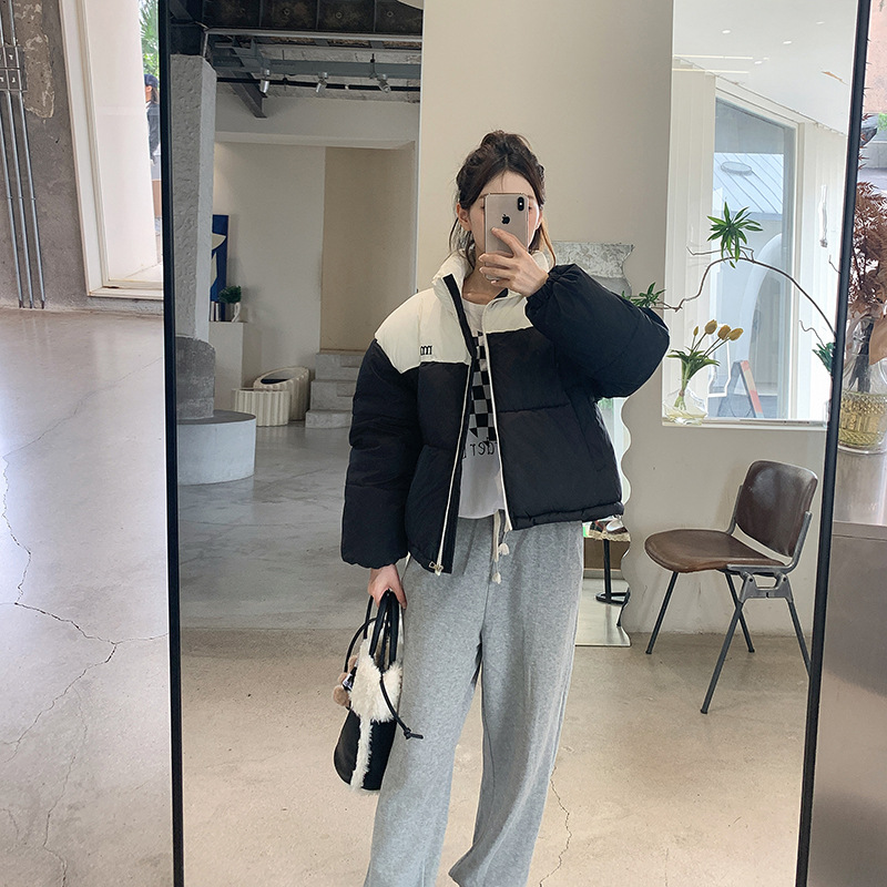 羽绒棉服女2024冬季新款宽松棉衣拼色时尚百搭加厚小棉袄外套短款 黑色 L