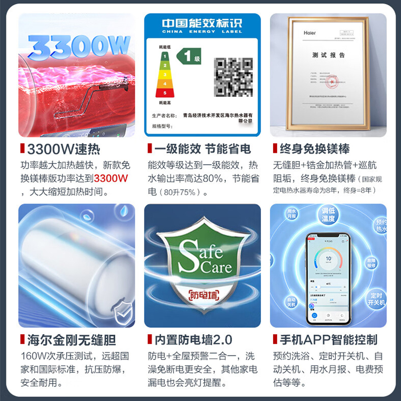 Leader海尔智家出品电热水器80升健康抑菌3300W速热APP智控一级能效金刚无缝胆