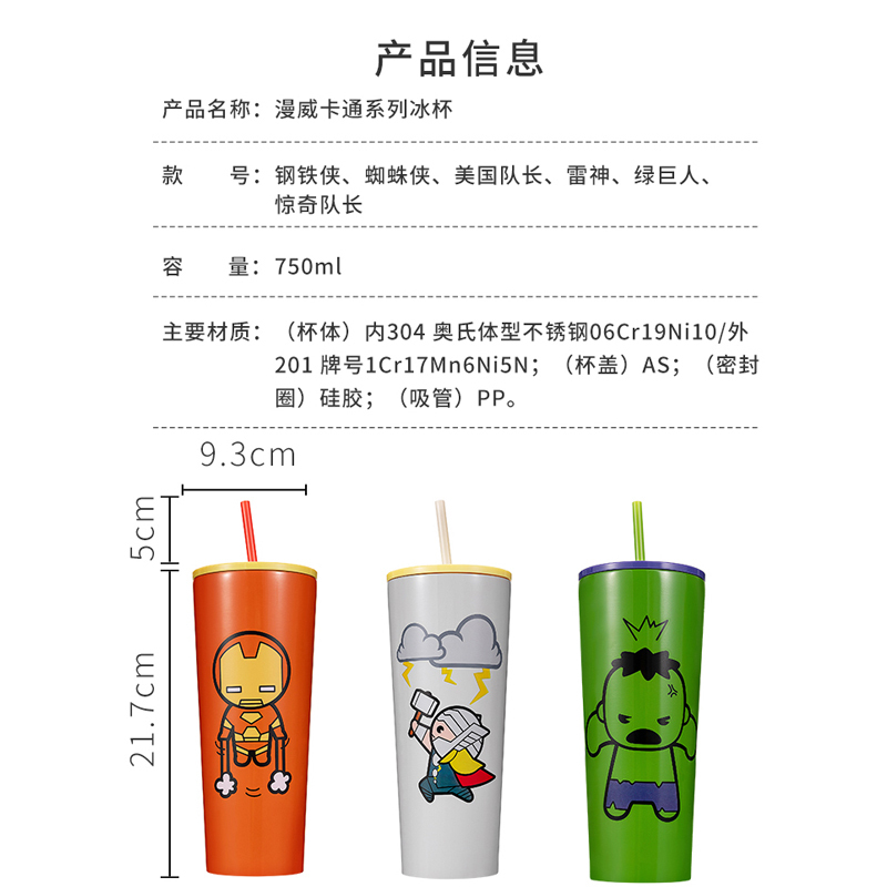 名创优品(miniso) 漫威卡通系列茶杯子个性潮流学生防摔吸管杯[750ml,美国队长]