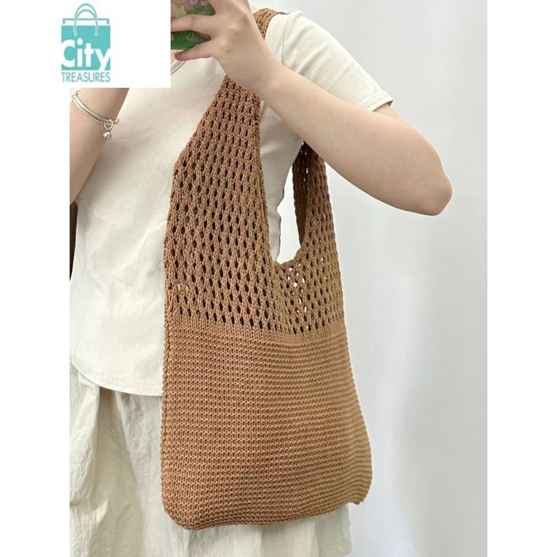 bangdou韩国chic简约复古镂空针织手提包单肩包女背心包ins毛线包购物