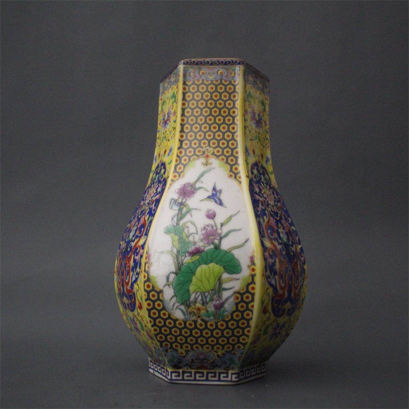 美帮汇景德镇仿古陶瓷雍正珐琅彩六方花鸟福筒花瓶家居装饰展柜摆件收藏高清大图