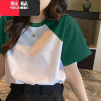 YIBUSHENG季插肩袖撞色短袖t恤女小众设计感学院风多巴胺上衣女印计 L111-125斤 绿色