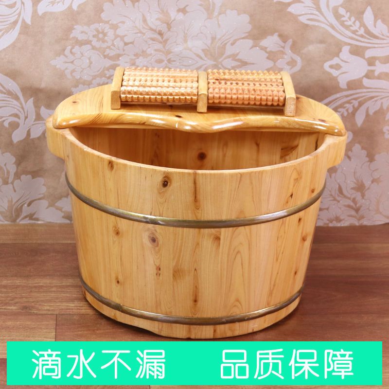 香柏木泡脚木桶足浴桶洗脚木盆小木桶实木木质足疗家用加厚足浴盆 26双耳木桶 +按摩器