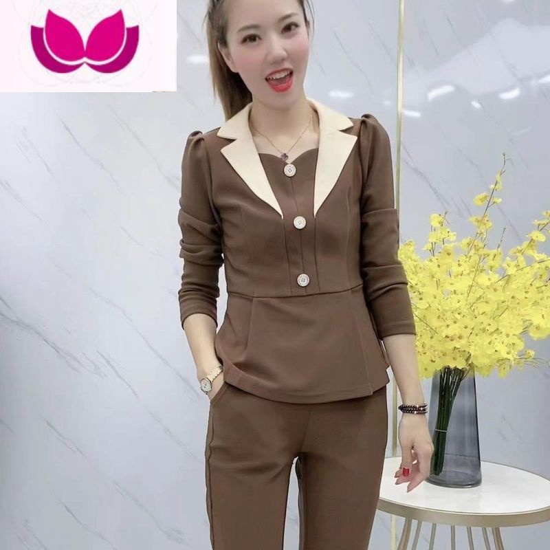 七斓2023春季新款洋气时尚微喇长裤套装遮肚显瘦休闲西装上衣套女高清大图