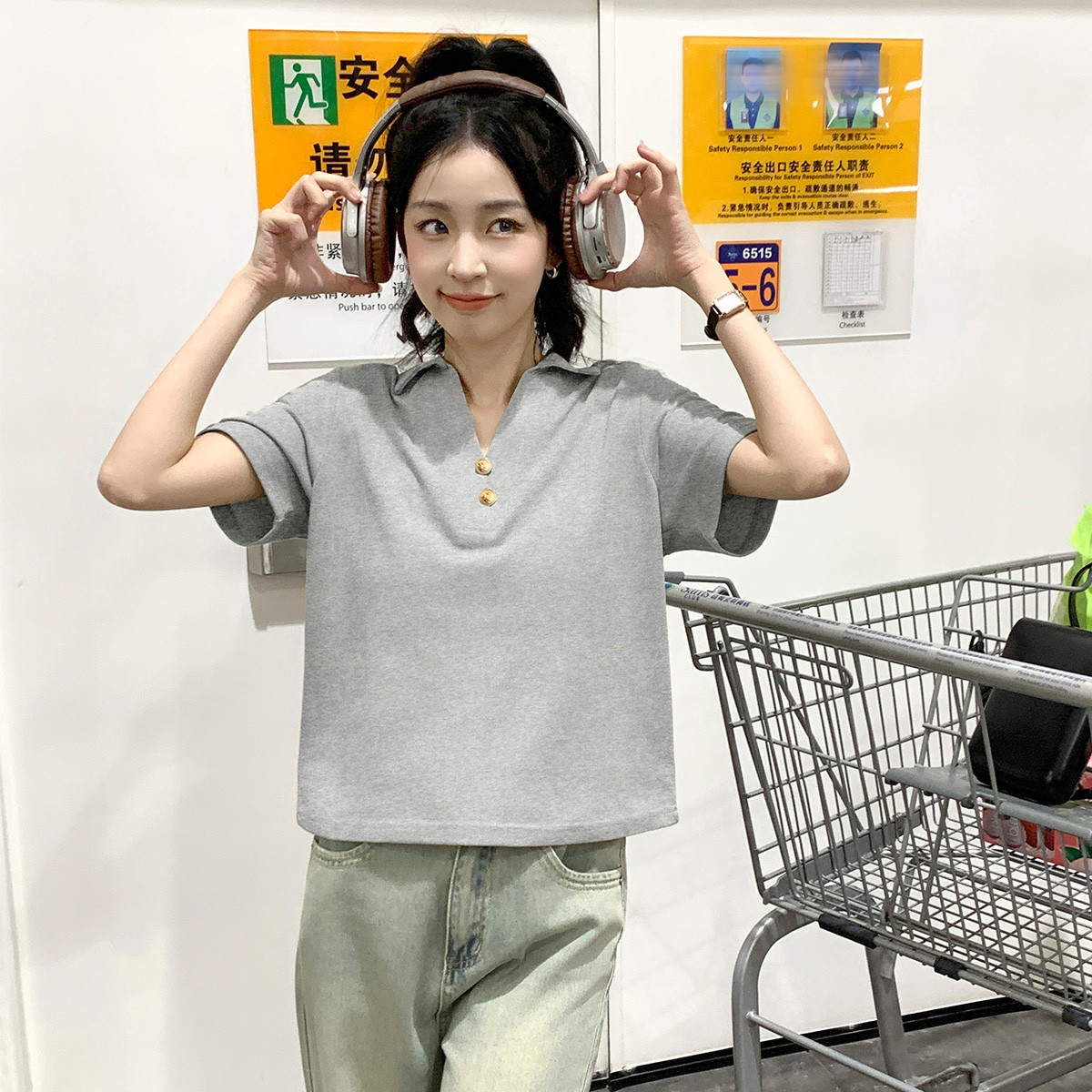 2024夏季女净色翻领短袖polo衫复古T恤百搭上衣简约气质_17350 浅麻灰 L