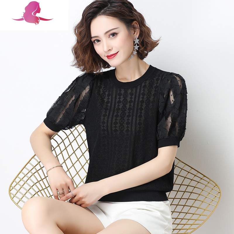 短袖蕾丝衫女镂空洋气小衫夏季新款短网纱上衣时尚气质泡泡袖t恤蕾丝