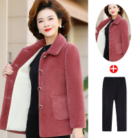 恒源祥中年妈妈秋装加绒水貂绒外套中老年女装秋冬加厚高贵上大衣 L建议85-100斤 红色+裤子