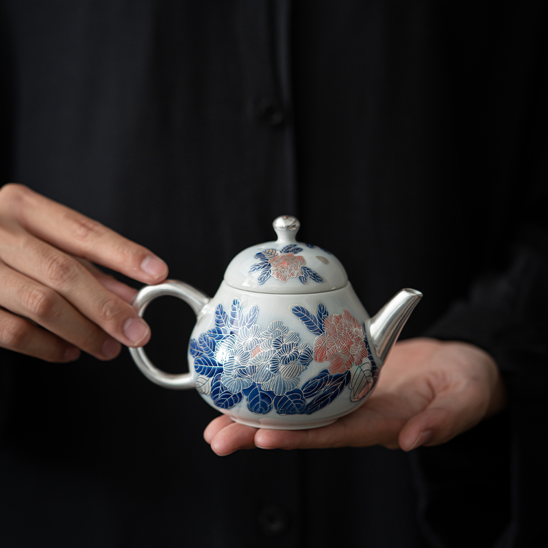 苏氏陶瓷(SUSHI CERAMICS)鎏银国礼牡丹壶茶具套装非遗传承人郑文强作品一壶两杯带壶承礼盒