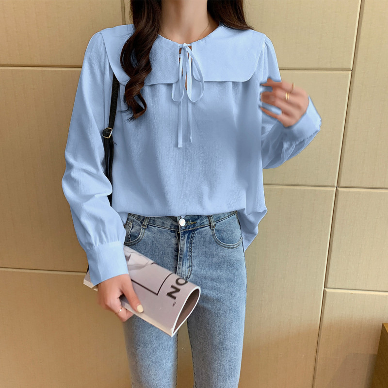 唐狮秋季衬衫女韩版可爱俏皮娃娃领花边绑绳长袖衬衣百搭
