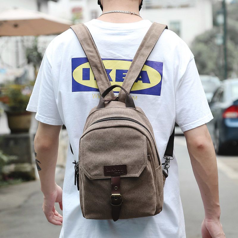 小型双肩包男轻便男士复古帆布户外休闲旅游小背包港风胸前挎包潮黑色