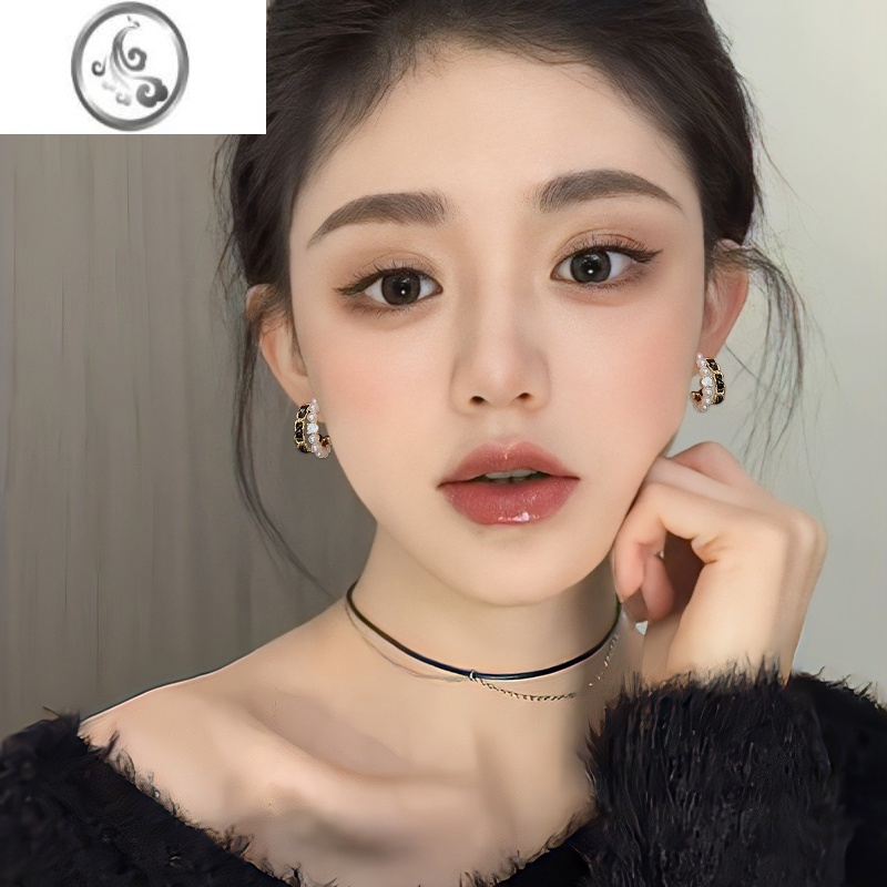 JiMi黑色珍珠耳钉女轻奢小众高级设计感耳环日常百搭耳圈气质银银耳饰