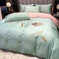 南极人洛卡棉刺绣四件套简约ins床单被套三件套床上用品宿舍床笠_1 1.2床被套150*200cm三件套 凤羽-浅蓝拼粉-【亲肤顺滑柔软】