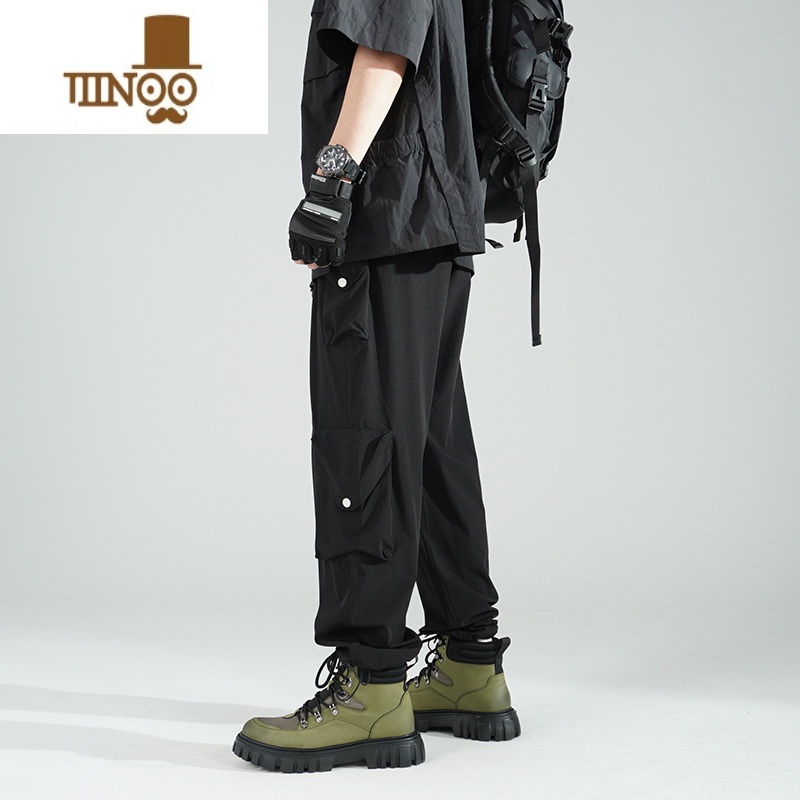 YANXU2023秋季潮流百搭休闲裤男生高街潮牌宽松直筒束脚机能垂感工装裤高清大图