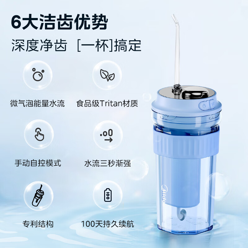 美的(Midea)冲牙器 便携洗牙器 牙齿冲洗器口腔清洁 家用手持式水牙线海盐蓝CL2